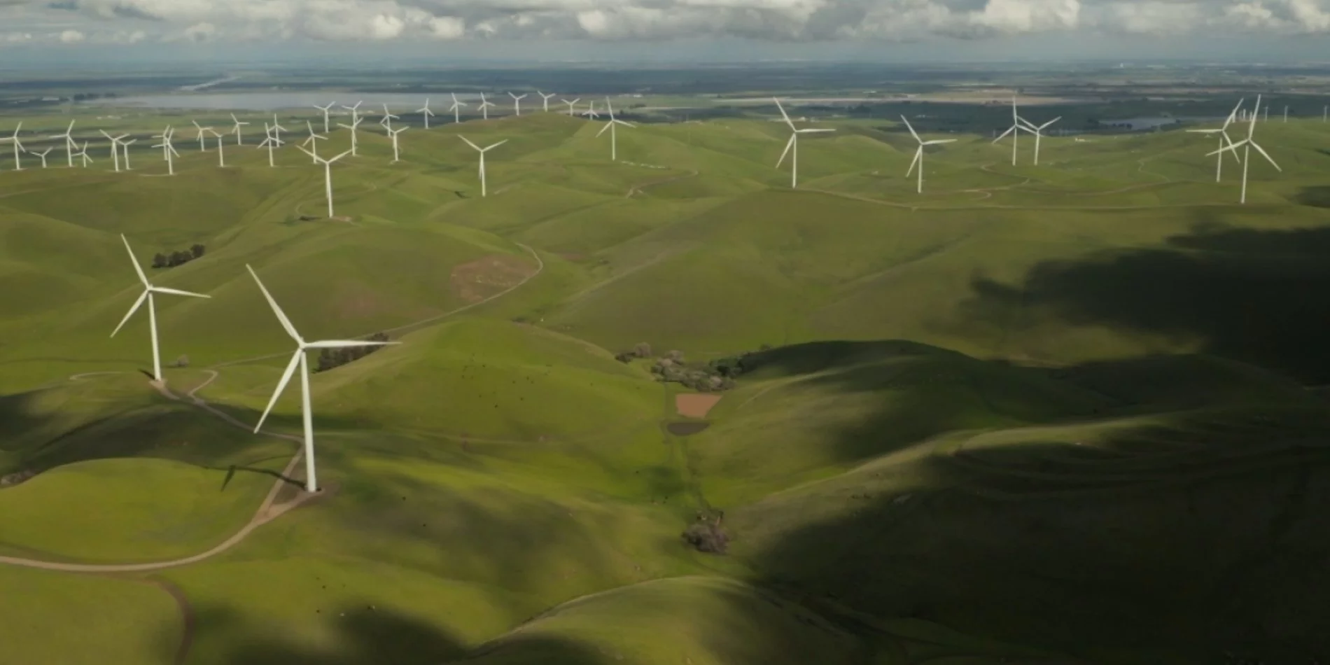 Image of numerous windmills in a vast hilly landscape covered in green grass