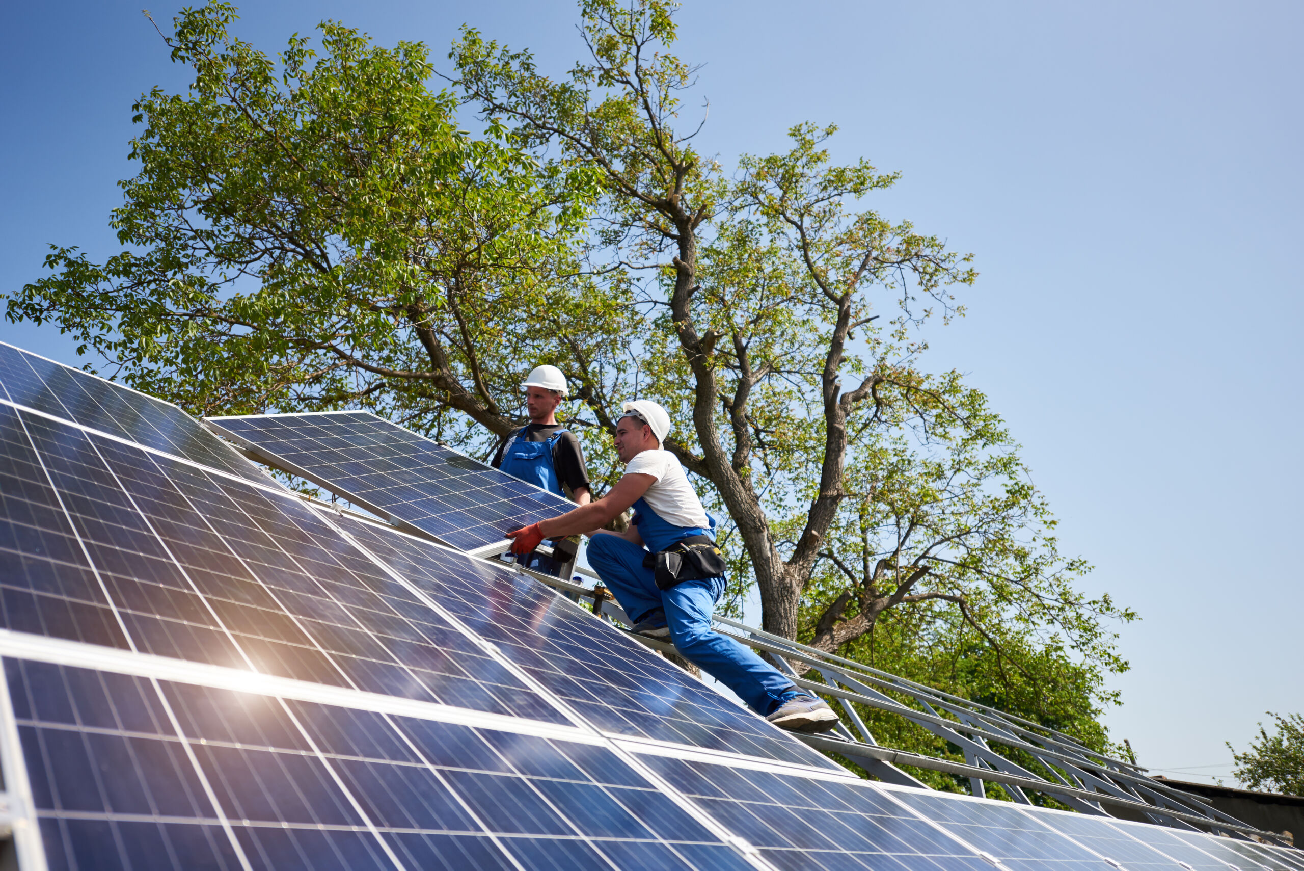 Two workers installing solar panels, with a blue sky and green tree in the background.